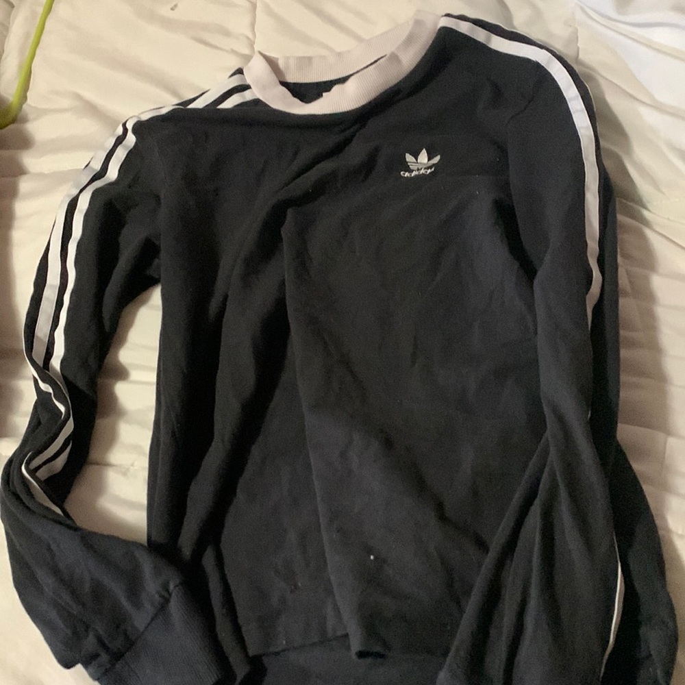 Black Adidas three strips crew neck, size small.
